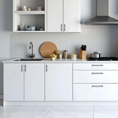 Heavy Duty Matte Black Kitchen Cabinet Pulls And Drawer Handles With 3.5 Inch Center To Center Spacing Top Shelf Zinc Alloy Hardware Slick Modern Finish 10 Pack on white kitchen cabinets.