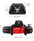 Heavy Duty 13500 Lb Electric Winch With Synthetic Rope Harness And Wireless Remote Control dimensions and features overview.