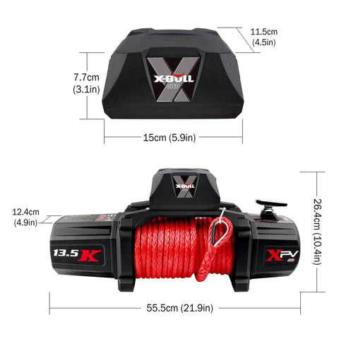 Heavy Duty 13500 Lb Electric Winch With Synthetic Rope Harness And Wireless Remote Control dimensions and features overview.