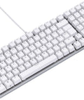 Full Size Prebuilt Mechanical Gaming Keyboard Featuring Compact 96 Layout In Crisp White Design With Silky Smooth Linear Switches Durable Abs Keycaps Reliable Double Shot Legends And Stunning Per Key Rgb Backlighting For A Dope Home Or Office Setup, angled view.