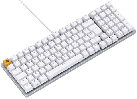 Full Size Prebuilt Mechanical Gaming Keyboard Featuring Compact 96 Layout In Crisp White Design With Silky Smooth Linear Switches Durable Abs Keycaps Reliable Double Shot Legends And Stunning Per Key Rgb Backlighting For A Dope Home Or Office Setup, angled view.