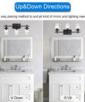 3 Light Black Matte Finish Vanity Light With Dope Clear Grid Glass Shade For Bathroom Mirror And Vanity Modern Farmhouse Wall Fixture E26 Base Durable Kitchen And Powder Room Lighting, displayed in upward and downward positions above a white bathroom mirror.