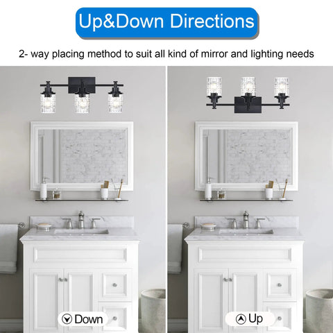 3 Light Black Matte Finish Vanity Light With Dope Clear Grid Glass Shade For Bathroom Mirror And Vanity Modern Farmhouse Wall Fixture E26 Base Durable Kitchen And Powder Room Lighting, displayed in upward and downward positions above a white bathroom mirror.