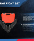 Deep Impact Socket Set Half Inch Drive Beefy 14 Piece 6 Point Metric Sizes 11 mm To 32 mm displayed with red case