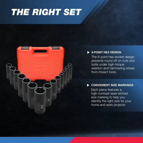 Deep Impact Socket Set Half Inch Drive Beefy 14 Piece 6 Point Metric Sizes 11 mm To 32 mm displayed with red case
