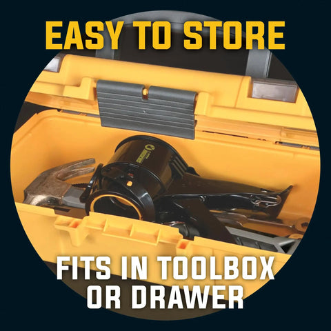 Compact Anti Drip Caulking Gun With Extreme Duty Build Lightweight ABS Frame 4 Inch Size stored in a yellow toolbox