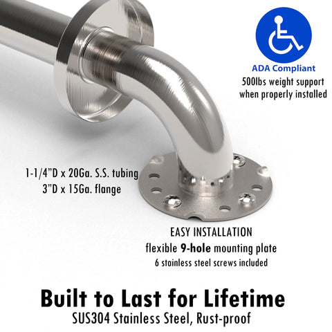 Close-up of Two Pack Stainless Steel Bath Safety Grab Bars One And A Quarter Inch By Twelve Inch ADA Compliant Heavy Duty 500 Pound Support