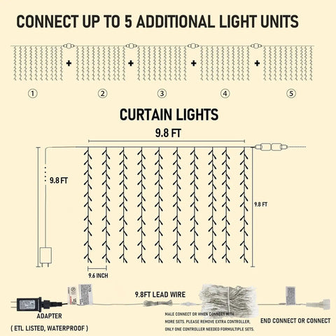 Diagram showing setup for Warm White 300 LED Curtain Lights For Bedroom And Window Backdrop Indoor Outdoor Fairy String Lights