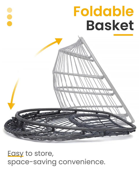 Foldable basket shown folded for compact storage, featuring a space-saving design with easy fold mechanism.