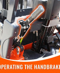 Heavy Duty Electric Forklift With 2.5 Ton Lift Capacity, Industrial Pallet Stacker For Warehouse Logistics And Factory Use Includes Lead Acid Battery Powered High-Bay Rack Access Equipment In Bright Orange, handbrake operation detail.