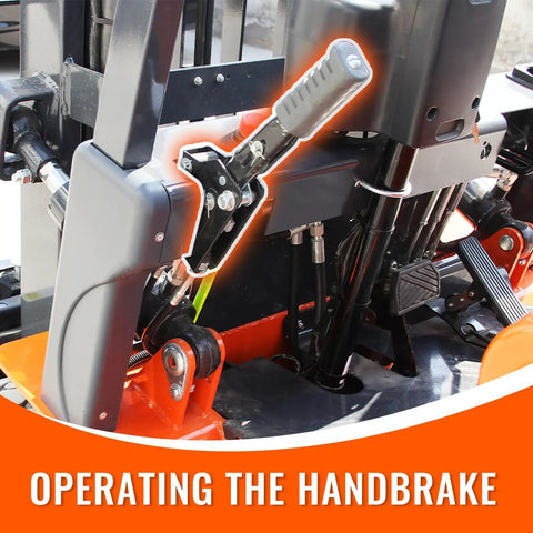 Heavy Duty Electric Forklift With 2.5 Ton Lift Capacity, Industrial Pallet Stacker For Warehouse Logistics And Factory Use Includes Lead Acid Battery Powered High-Bay Rack Access Equipment In Bright Orange, handbrake operation detail.