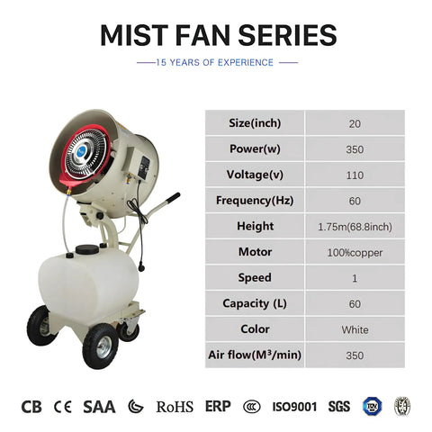 Beat The Heat 20 Inch Portable Misting Fan With Dust Removal For Patios Parks Carnivals And Large Spots features a cart.