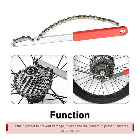 Universal Bike Freewheel Removal Tool Kit with heavy duty chain whip, red handle, on bike cassette and sprocket.