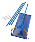 Roof Snow Rake With Seventeen Inch Wide Head And Fifteen And A Half Foot Telescoping Pole For Quick Snow Removal From The Ground No Fuss Snap Together Assembly With Four Fiberglass Handles Ideal Roof Clearing Tool Assembled In The USA, blue