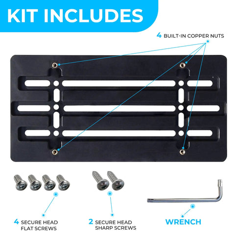 Heavy Duty Front Bumper License Plate Bracket For Nissan 2000 To 2026 kit includes flat and sharp screws, wrench, and copper nuts.