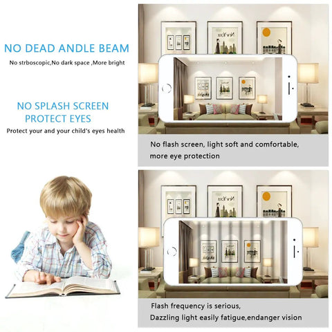 Comparison of LED lighting effects in a living room with a child reading, demonstrating eye protection benefits and lighting conditions.