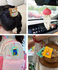 Beginner Sewing Kit For Kids With 9 Different Animal Charms, Easy Pre-Cut Fabric, Plastic Needle Tools featured on backpack and hair.