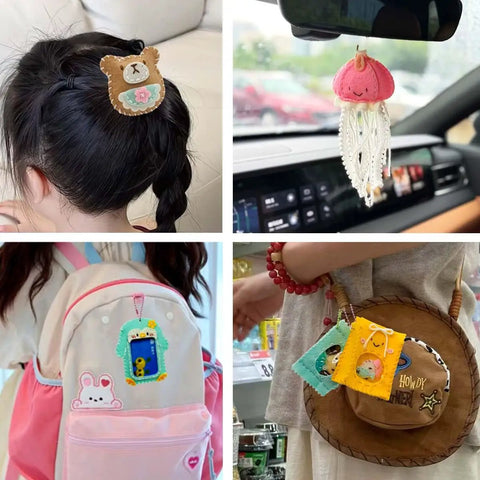 Beginner Sewing Kit For Kids With 9 Different Animal Charms, Easy Pre-Cut Fabric, Plastic Needle Tools featured on backpack and hair.