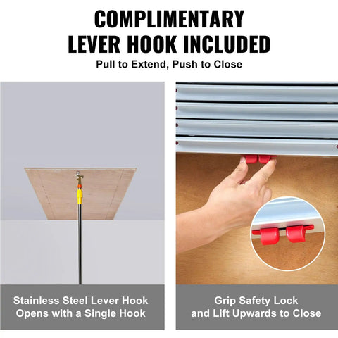 Telescoping Attic Ladder With 350 Lb Capacity, 39.37 By 23.6 Inch Opening, Lightweight Aluminum Extension For Easy Attic Access, Multi Purpose Portable And Durable, Fits 9.8 To 10.5 Foot Ceilings, Three Step Easy Install, lever hook and safety lock close-up
