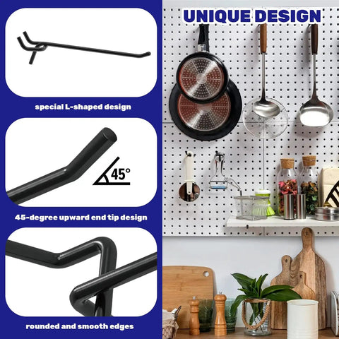 40 Pack 8 Inch Black Stainless Steel Pegboard Hooks Bulk Set for Slatwall and Pegboard Displays with L-shaped and 45-degree tip design.