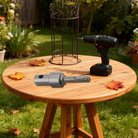 Earth Auger Adapter Tool With Four Interface Types For Impact Wrench And Hammer Drill Use on wooden table in garden
