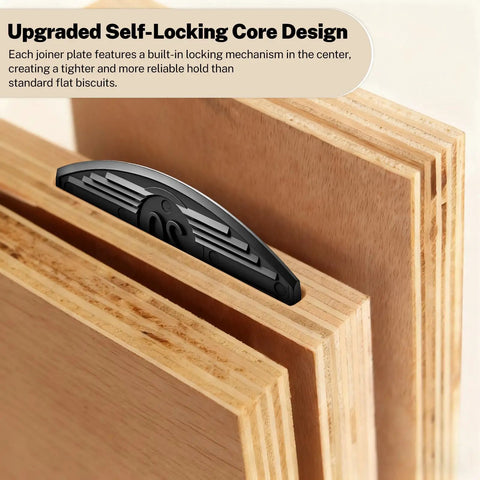 Self-Clamping Biscuit Joiner Plates For Woodworking And Furniture Making, shown with upgraded self-locking core design.