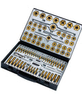 Ultimate 86 Piece Internal External Fastener Threading Tap Die Set With Wrenches And Gauges For Home Service Bolt Hole Renewing Screw Cutting And Rethreading Tools In Sturdy Alloy Steel Box Metric And Sae Sizes Included open case with taps, dies, wrenches and gauges