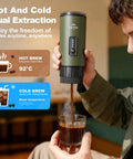 Man using 3 In 1 Portable Espresso Maker With Carrying Bag And Stand, Self Heating Coffee Brewer For Ground Coffee Or Capsule Pods, USB C Travel Mini Espresso Machine For Hiking, Office, And On The Go, preparing coffee in a glass.