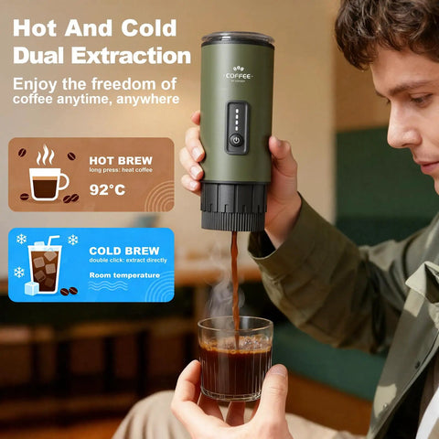 Man using 3 In 1 Portable Espresso Maker With Carrying Bag And Stand, Self Heating Coffee Brewer For Ground Coffee Or Capsule Pods, USB C Travel Mini Espresso Machine For Hiking, Office, And On The Go, preparing coffee in a glass.