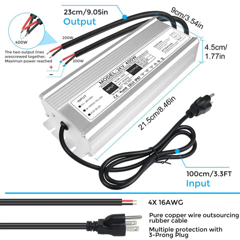 Rugged 400W IP67 Waterproof LED Driver Power Supply 90-140V AC To 24V DC 16.6A With 3-Prong Plug And 3.3 Ft Cable