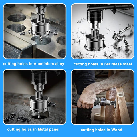 Boss Grade 4 Piece TCT Hole Saw Kit with Tungsten Carbide Tips cutting holes in metal, wood, aluminum, and stainless steel