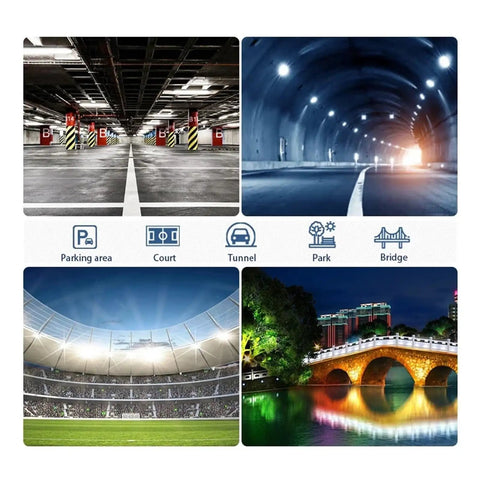 Diverse outdoor settings including parking area, court, tunnel, park, and bridge illuminated with JUDYSSY 50W 100W Uv Led Flood Light Ip65 Waterproof Ac220 240.