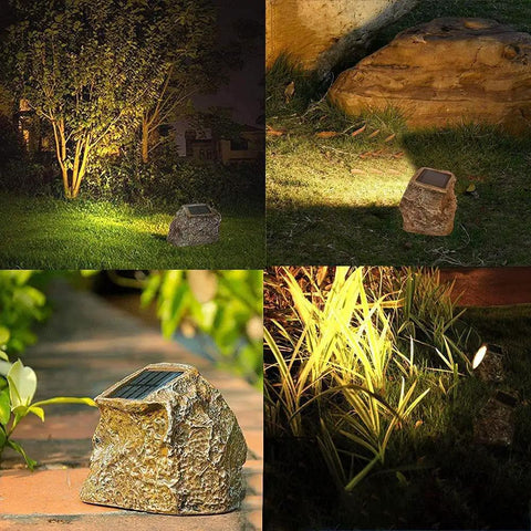 Solar Rock Lights For Garden Pathways Four Pack, 10 LED Waterproof Outdoor Yard Lights on grass and walkway, stone look