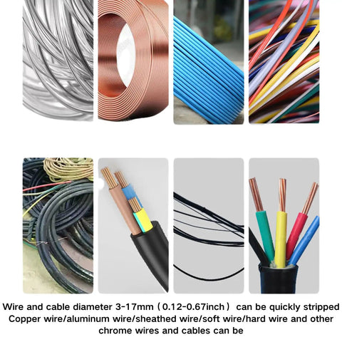 Go To Wire Stripping Machine For Scrap Copper Cable, Electric Hand Crank Dual Power Stripper With Spare Blade, Quick 0.04 To 1 Inch Capacity Pro Grade Shop Gear showing various copper wires and cables.