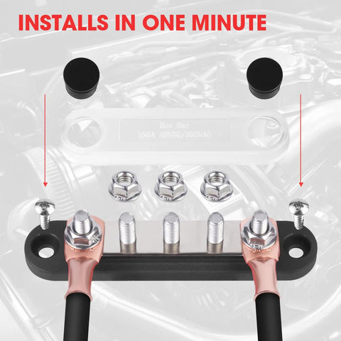 Top Shelf Heavy Duty 12V Bus Bar Power Distribution Block With Five By One Quarter Inch Studs Slick Color Coded Red And Black Pair for easy installation.