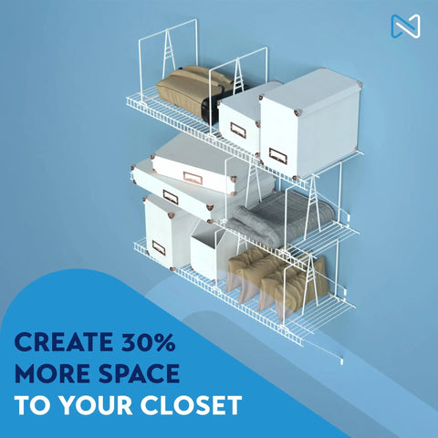 White Wire Shelf Dividers For Closet Organization, 8 Pack, Rock Solid Easy Set Up With Triple Crossbar Tech, Boost Thirty Percent More Closet Space, Includes Bonus Rose Gold Hanger, 12 By 12 Inches in use.
