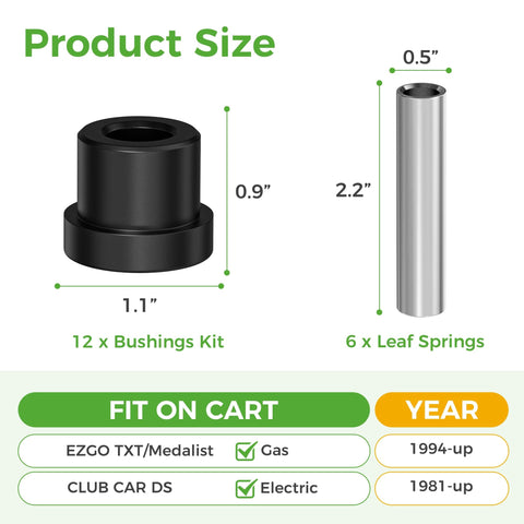 Golf Cart Spring Bushing Kit for EZGO TXT Medalist 1994 Up and Club Car DS 1981 Up with product dimensions and compatible models