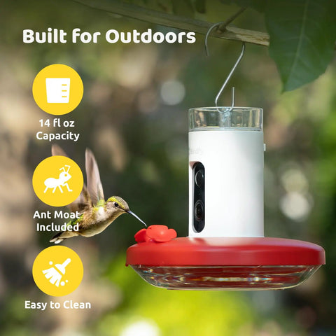 Smart Hummingbird Feeder With Camera And Solar Power, Live View And 1080P Video, Instant Alerts, Dual Perch For Two Birds, 14oz capacity