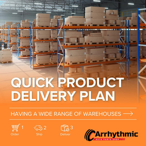 Warehouse full of shelves with boxes labeled 'Quick Product Delivery Plan' for auto parts.