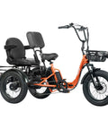 Creek Folding Electric Tricycle For Adults With Passenger Seat And Backrest, 1000W Etrike Reaches 20 MPH, Up To 80 Miles, Fat Tire Three-Wheel Electric Bike With Reverse, Parking, Differential, In Bright Orange. Three-wheel orange electric trike with passenger seat and backrest, front basket, fat tires.