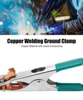Hot Welding Ground Clamp With Massive Copper Alloy Body For 300 Amps shown with strong copper jaws and green grips for secure cable attachment.
