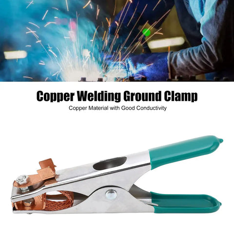Hot Welding Ground Clamp With Massive Copper Alloy Body For 300 Amps shown with strong copper jaws and green grips for secure cable attachment.