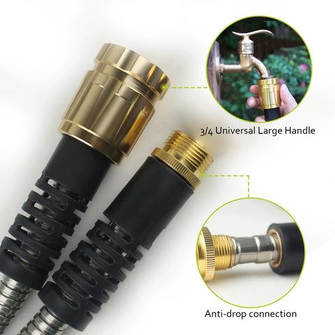 50ft metal garden hose with brass fittings and 3/4 universal large handle; anti-drop connection, Amazon brand