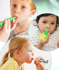 9-Piece Oral Motor Therapy Kit For Kids And Grown-Ups With Myofunctional Tools Like Tongue Trainer And Whistle, Controlled Airflow, Speech Clarity, Oral Placement Practice, And Feeding Support. Kids using green oral motor tools for speech therapy
