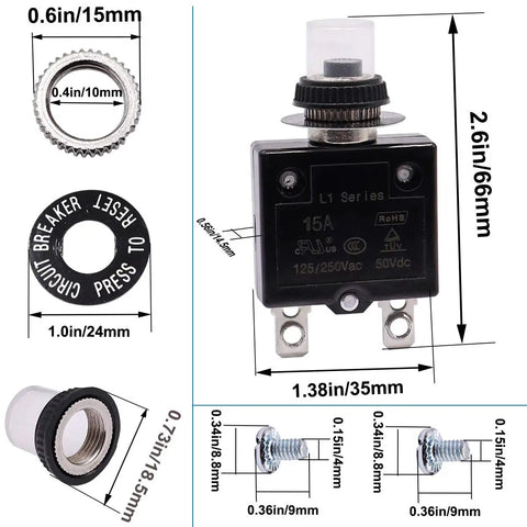 Pro Level Twin Pack Thermal Circuit Breakers With Quick Manual Reset Push Button And Heavy Duty Waterproof Caps with size details.