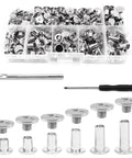 Tough Stainless Chicago Screws 110 Piece Kit including silver screws, hole punch, and wrench for crafting leather gear.