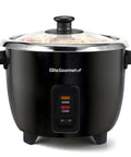 Front view of a black 6-Cup Electric Rice Cooker with Stainless Steel Inner Pot for fluffy rice, soups, stews, and more.