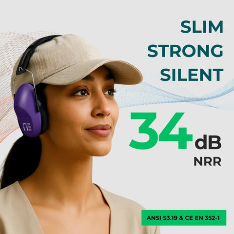 34 dB NRR Hearing Protection Ear Muffs For Loud Events And Sensory Use, Dope Compact Lightweight Purple Design, High Noise Reduction Earmuffs For Concerts Studying And Everyday Crowd Noise