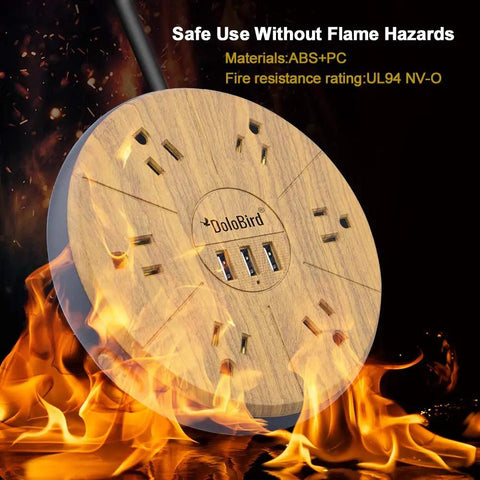 Wooden round power strip with 6 AC outlets, 3 USB ports, and flames, Power Strip With Surge Protector 6 AC Outlets And 3 USB Ports Charging Hub Long Extension Cord Right Angle Flat Plug Widely Spaced Sockets Circuit Breaker Safeguard For Home Office Dorm Room.