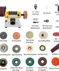 750W Jewelry Bench Polisher And Buffer Machine With Drill Chuck and accessories including wheels and sandpaper for metal, wood, jade crafting.